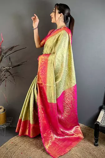 pista green color kanchipuram silk blend zari woven sarees