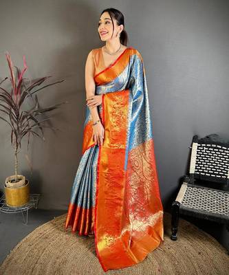 skyblue color kanchipuram silk blend zari woven sarees 1