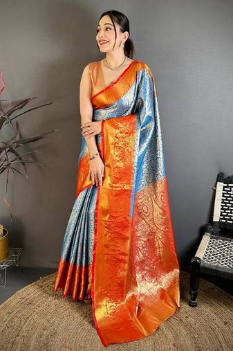 skyblue color kanchipuram silk blend zari woven sarees