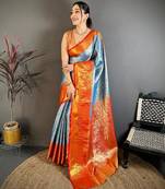 skyblue color kanchipuram silk blend zari woven sarees