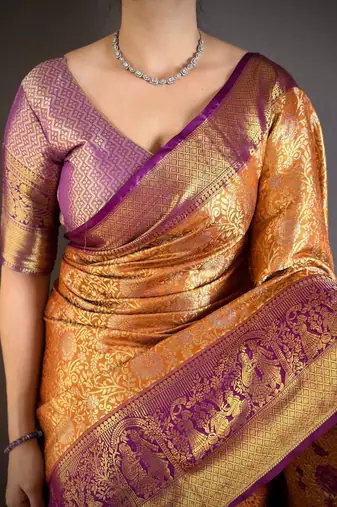 orange color kanchipuram silk blend zari woven sarees