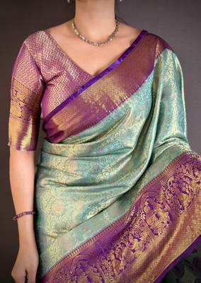 light sky blue color kanchipuram silk blend zari woven sarees 4
