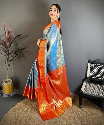 skyblue color kanchipuram silk blend zari woven sarees 2