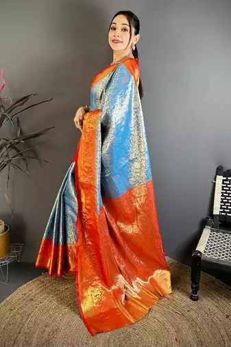 skyblue color kanchipuram silk blend zari woven sarees
