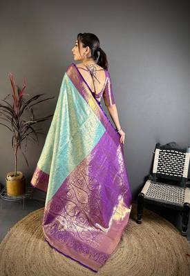 light sky blue color kanchipuram silk blend zari woven sarees 5