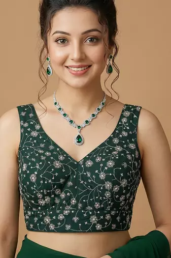 Emerald green embroidered v neck designer saree blouse