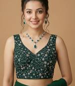 Emerald green embroidered v neck designer saree blouse