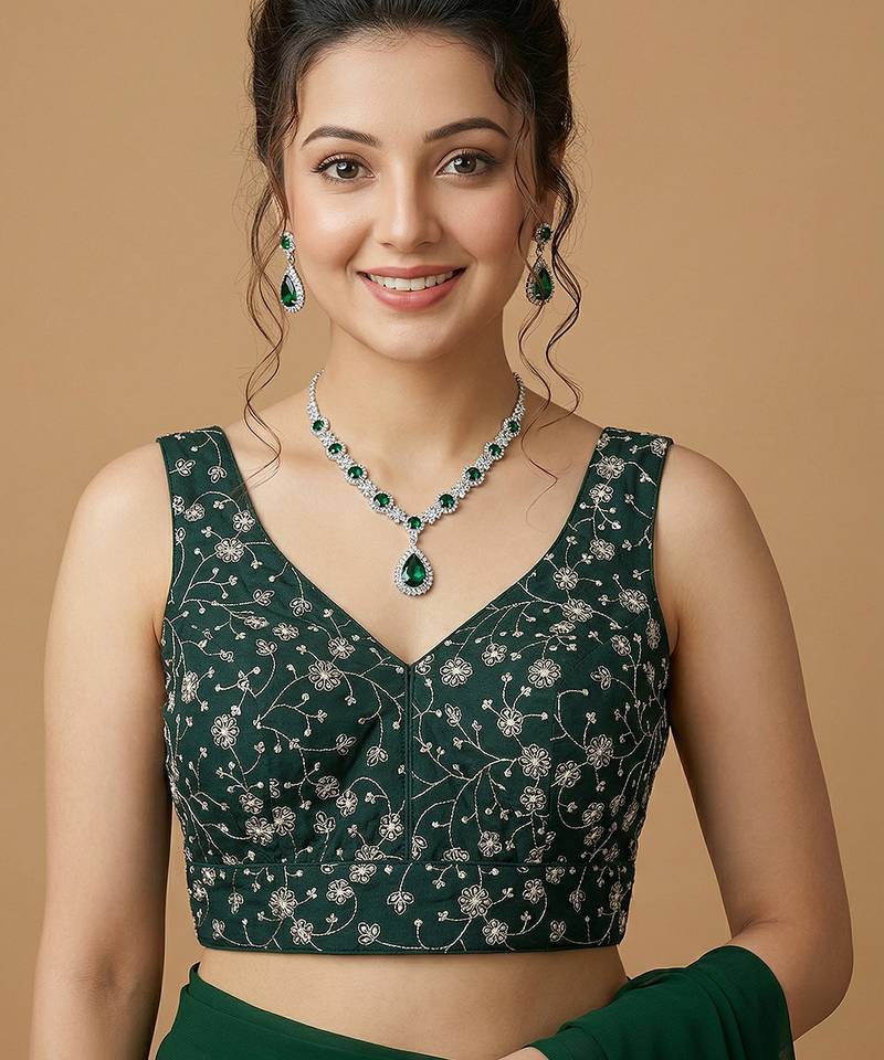Emerald green embroidered v neck designer saree blouse