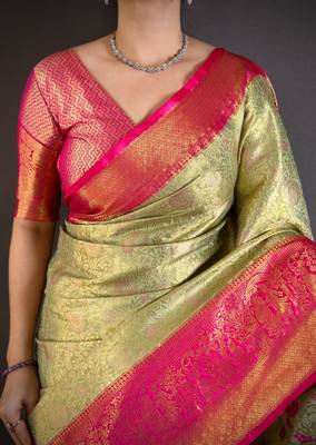 pista green color kanchipuram silk blend zari woven sarees 4