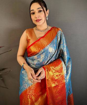 skyblue color kanchipuram silk blend zari woven sarees 3