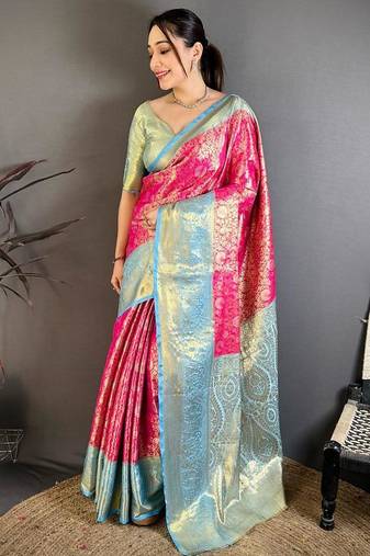 pink color kanchipuram silk blend zari woven sarees