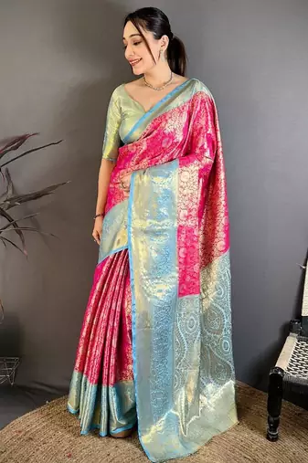 pink color kanchipuram silk blend zari woven sarees