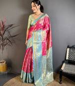 pink color kanchipuram silk blend zari woven sarees