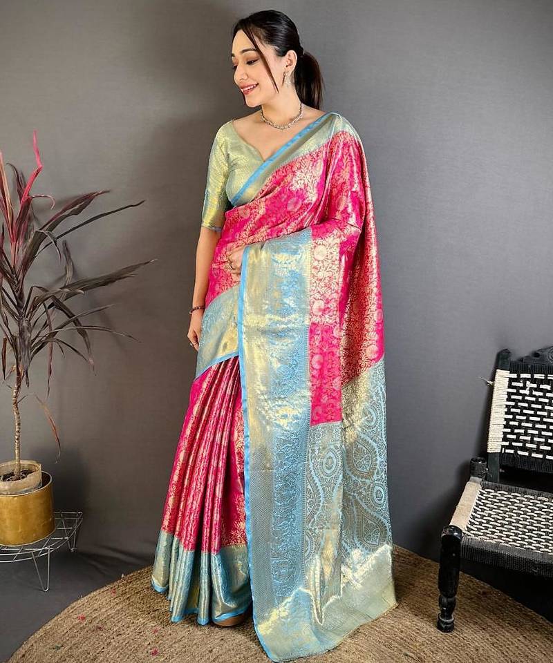 pink color kanchipuram silk blend zari woven sarees