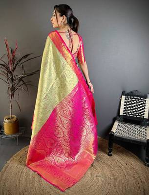 pista green color kanchipuram silk blend zari woven sarees 5
