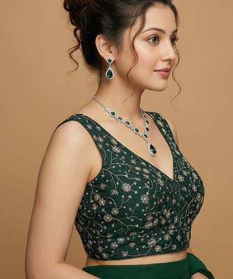 Emerald green embroidered v neck designer saree blouse 2