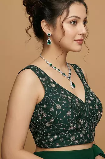 Emerald green embroidered v neck designer saree blouse