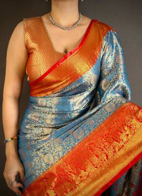 skyblue color kanchipuram silk blend zari woven sarees 4