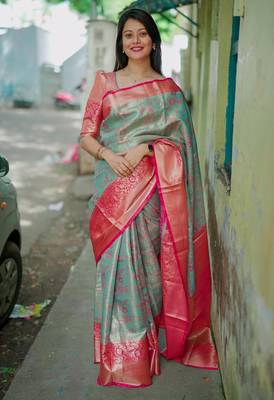skyblue -red color kanjivaram silk blend flower zari weaving sarees 1
