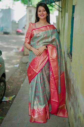 skyblue -red color kanjivaram silk blend flower zari weaving sarees
