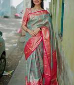 skyblue -red color kanjivaram silk blend flower zari weaving sarees