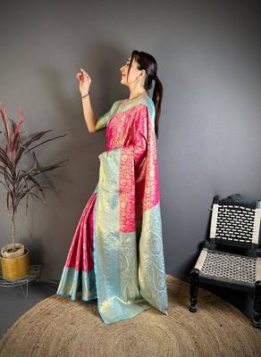 pink color kanchipuram silk blend zari woven sarees 2