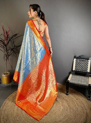 skyblue color kanchipuram silk blend zari woven sarees 5