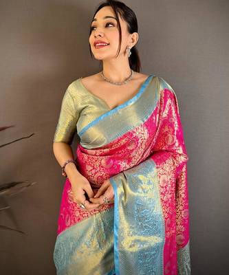 pink color kanchipuram silk blend zari woven sarees 3