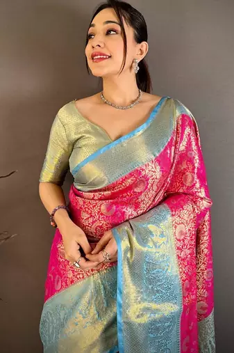 pink color kanchipuram silk blend zari woven sarees
