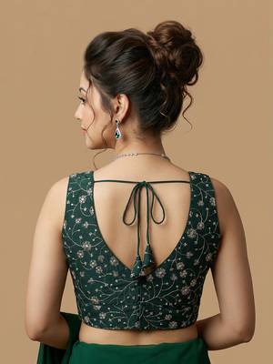 Emerald green embroidered v neck designer saree blouse 3