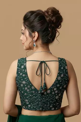 Emerald green embroidered v neck designer saree blouse