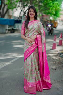 pista green -pink color kanjivaram silk blend flower zari weaving sarees 1