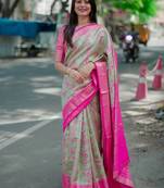 pista green -pink color kanjivaram silk blend flower zari weaving sarees