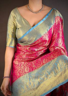 pink color kanchipuram silk blend zari woven sarees 4