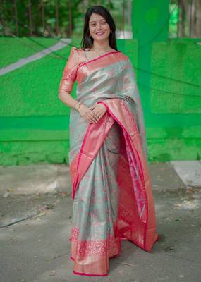 skyblue -red color kanjivaram silk blend flower zari weaving sarees 3