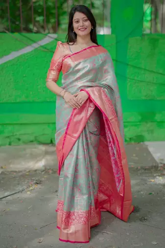 skyblue -red color kanjivaram silk blend flower zari weaving sarees