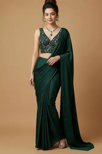 Emerald green embroidered v neck designer saree blouse