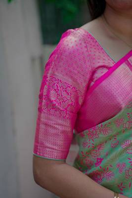 pista green -pink color kanjivaram silk blend flower zari weaving sarees 2