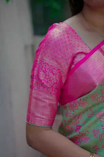 pista green -pink color kanjivaram silk blend flower zari weaving sarees