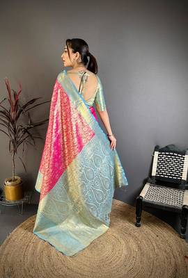 pink color kanchipuram silk blend zari woven sarees 5