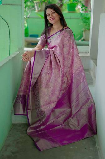 light pink -purple color kanjivaram silk blend flower zari weaving sarees