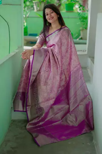 light pink -purple color kanjivaram silk blend flower zari weaving sarees