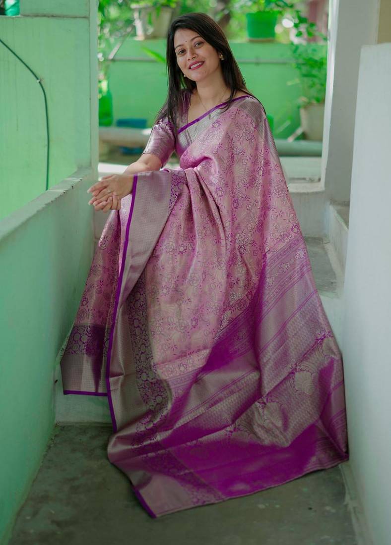 light pink -purple color kanjivaram silk blend flower zari weaving sarees