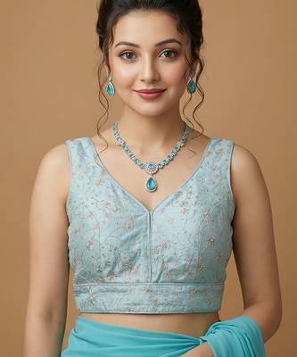 Light blue embroidered v neck designer saree blouse 1