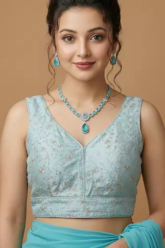 Light blue embroidered v neck designer saree blouse