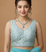 Light blue embroidered v neck designer saree blouse