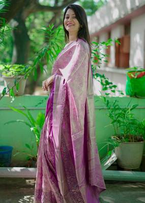 light pink -purple color kanjivaram silk blend flower zari weaving sarees 2
