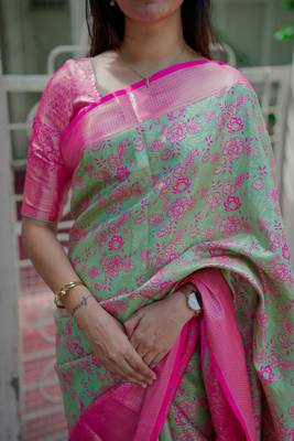 pista green -pink color kanjivaram silk blend flower zari weaving sarees 3