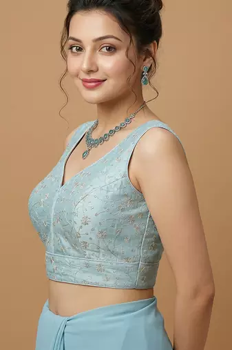 Light blue embroidered v neck designer saree blouse