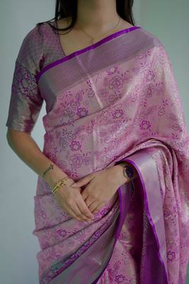 light pink -purple color kanjivaram silk blend flower zari weaving sarees 3